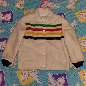 60s Hudsons Bay Pure Virgin Wool Striped Point Blanket Jacket Coat Vintage